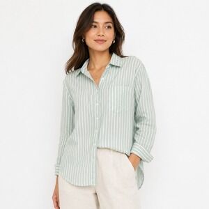 Xacus Cotton Striped Collared Button Long Sleeve Shirt Top Green Size 38 XS
